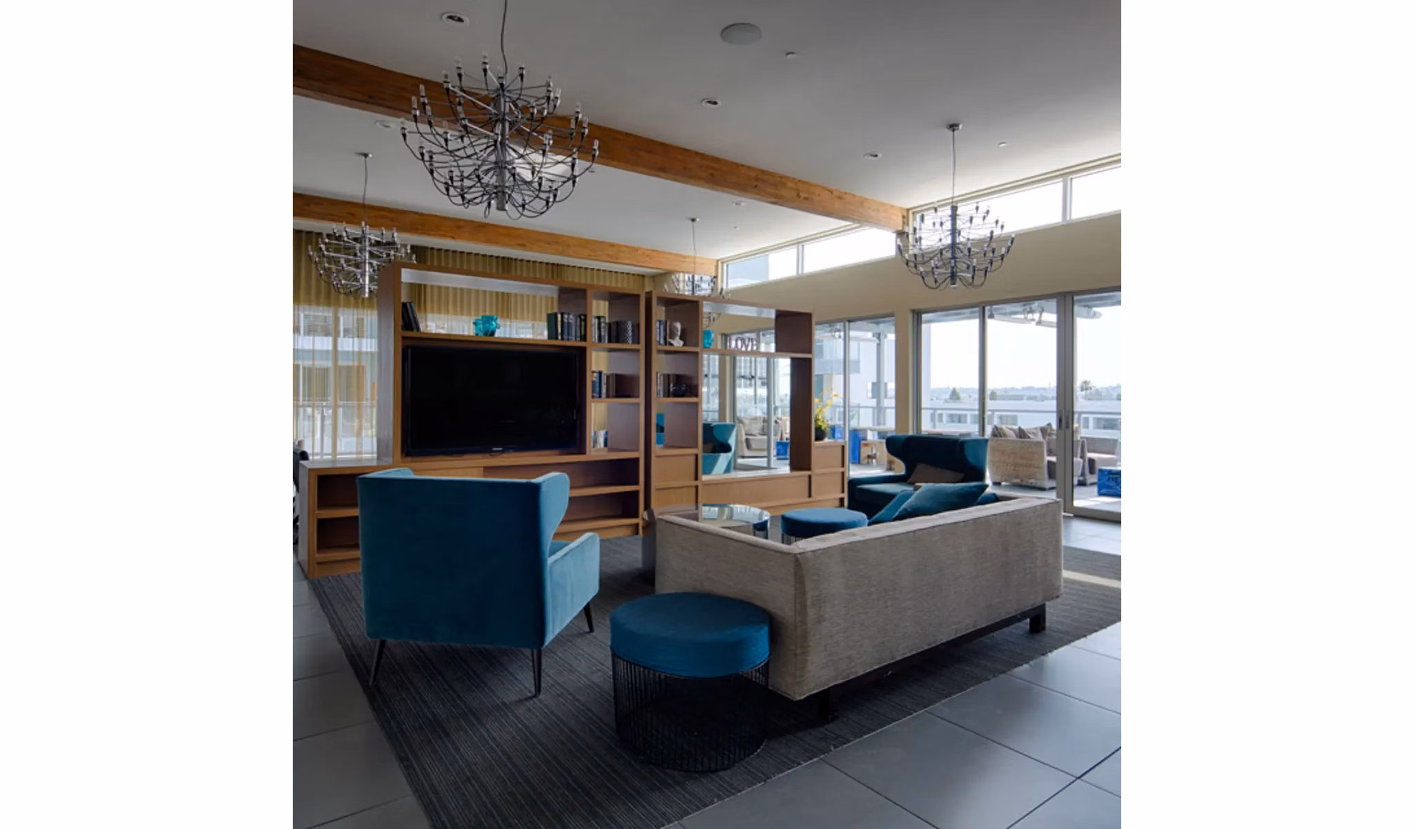 Modern clubhouse with striking decor at Stella Apartments, offering a luxury experience in city living