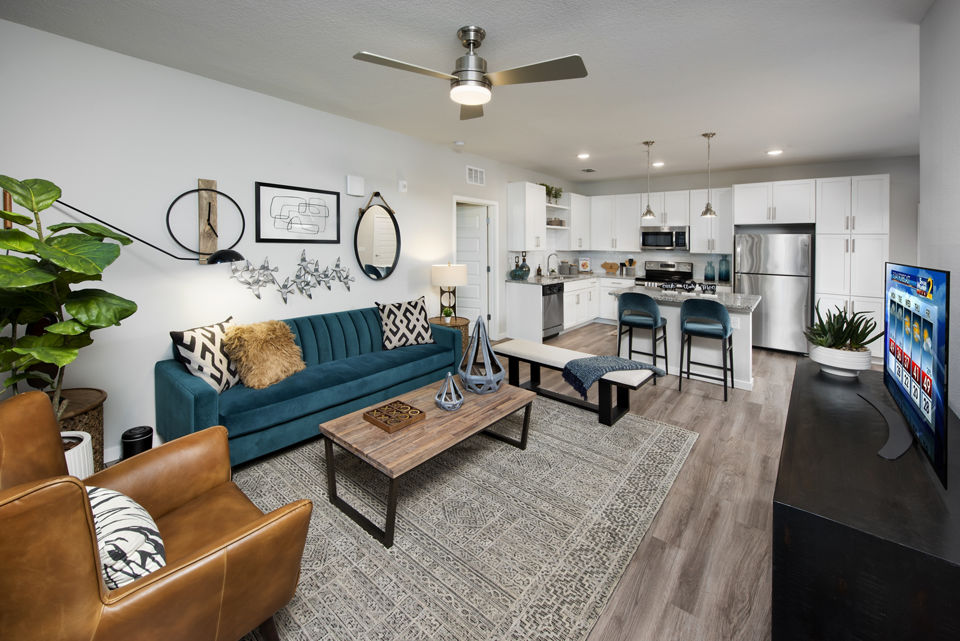 Bright living room with modern decor at Sonceto Apartments