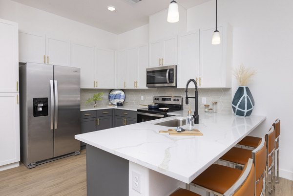 Modern kitchen with stainless steel appliances at Element 12 at Cadence Apartments