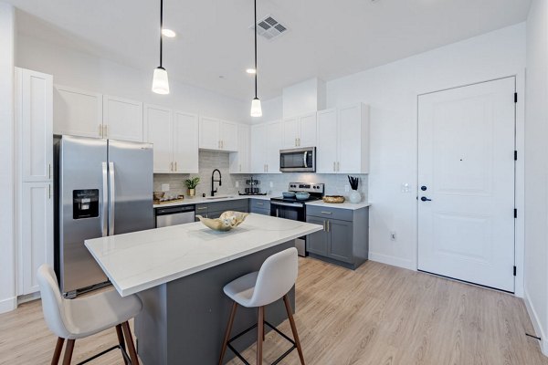 Kitchen featuring modern stainless steel appliances in Element 12 at Cadence Apartments