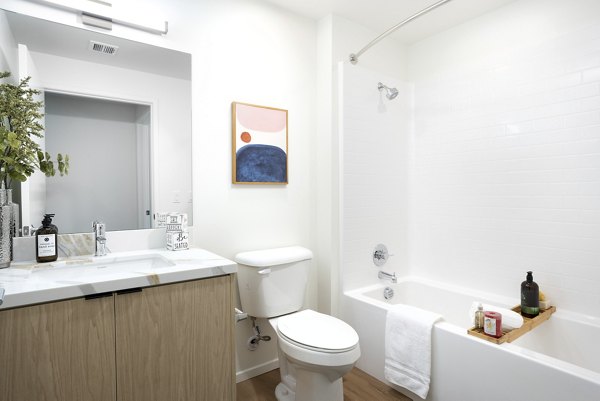 Modern bathroom featuring a sink, toilet, bathtub, and shower in luxury apartments
