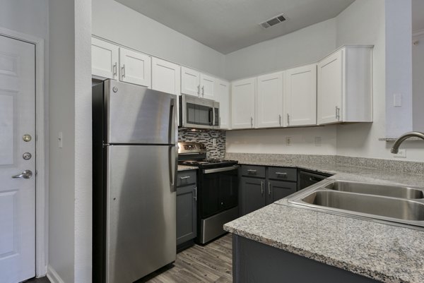 Modern kitchen featuring stainless steel appliances and granite countertops at The Jax Apartments, luxury living by Greystar