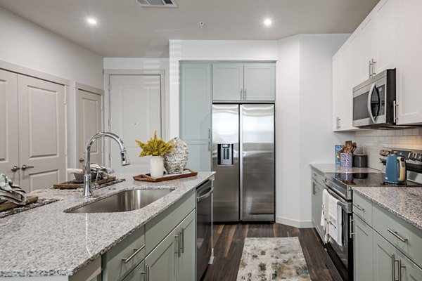 Modern kitchen with stainless steel appliances at Prose Greenbriar Apartments