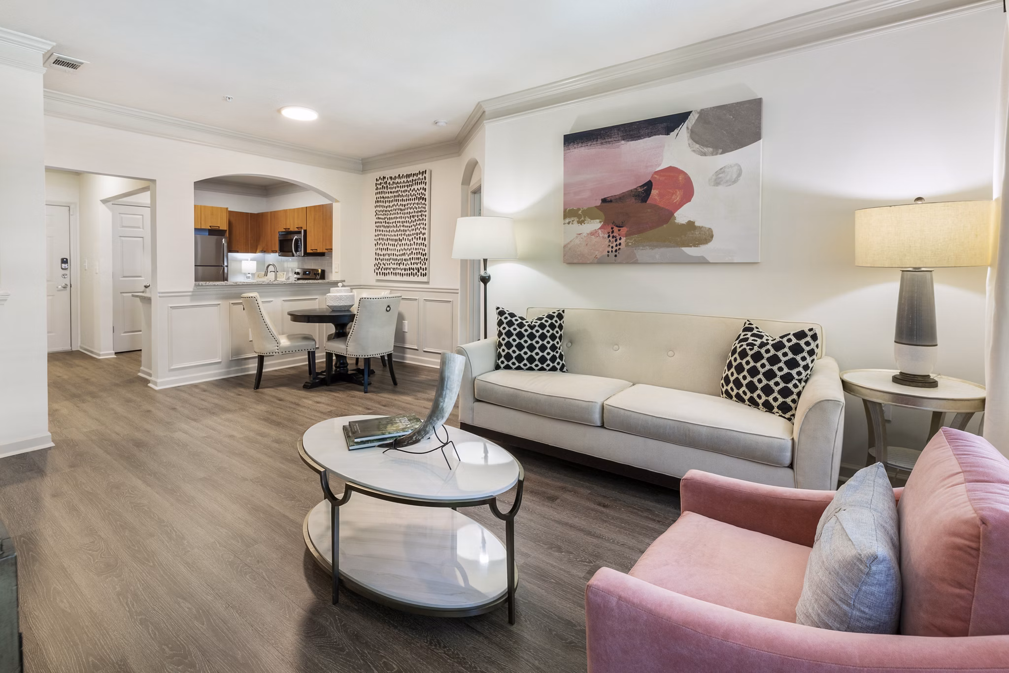 Spacious living room with modern decor and natural light at Gramercy at Buckhead Apartments