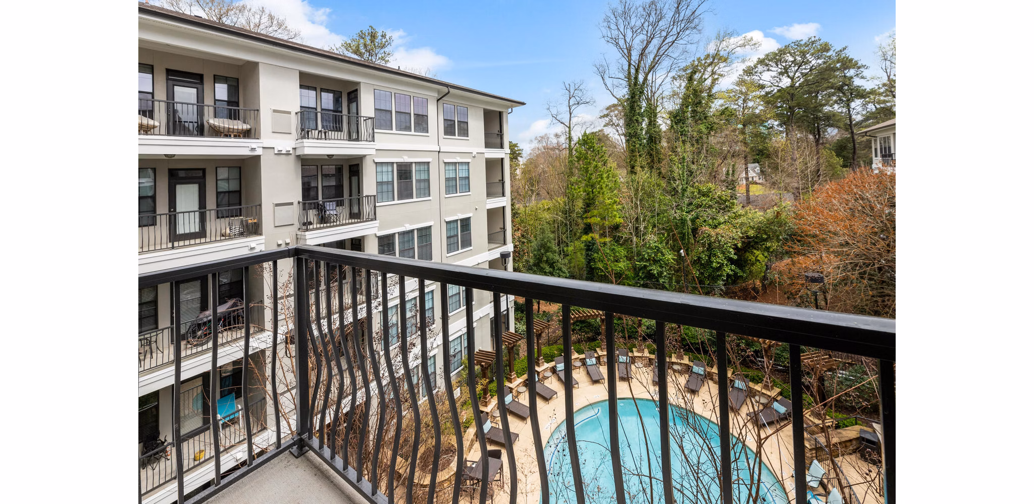 Private patio with modern furniture at Gramercy at Buckhead Apartments, luxury residences in Atlanta offering outdoor living spaces