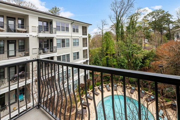 Private patio with modern furniture at Gramercy at Buckhead Apartments, luxury residences in Atlanta offering outdoor living spaces