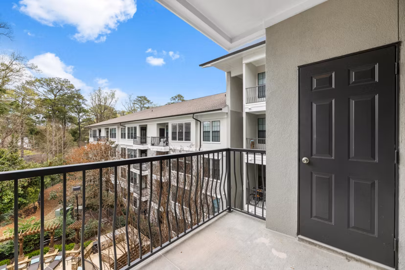 Private balcony with city views at Gramercy at Buckhead Apartments, offering luxury living in Atlanta's vibrant Buckhead neighborhood