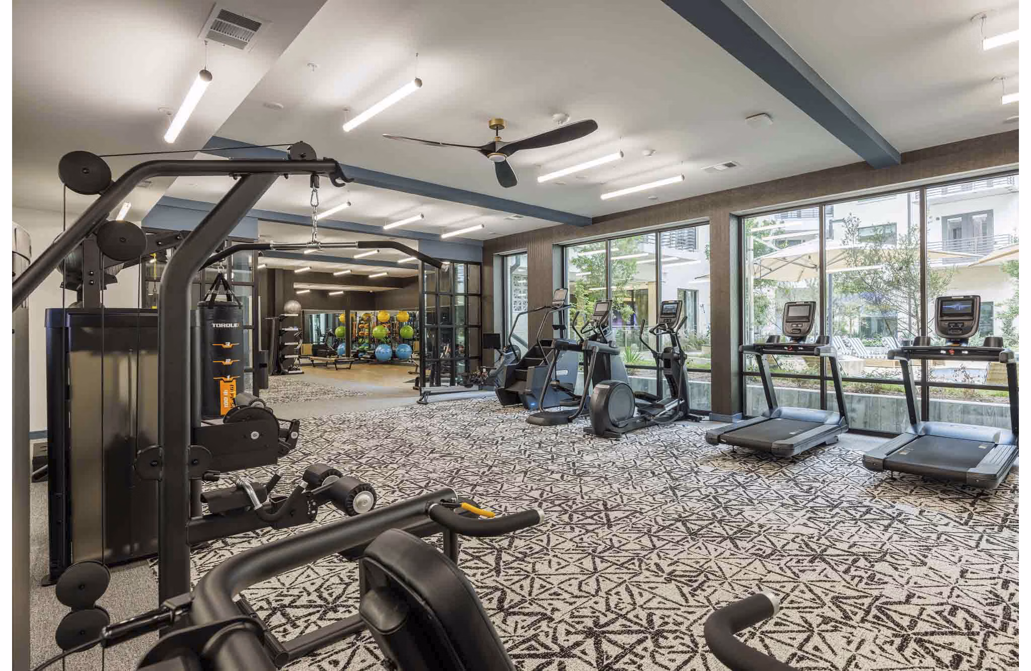 fitness center at The Bouldin Apartments