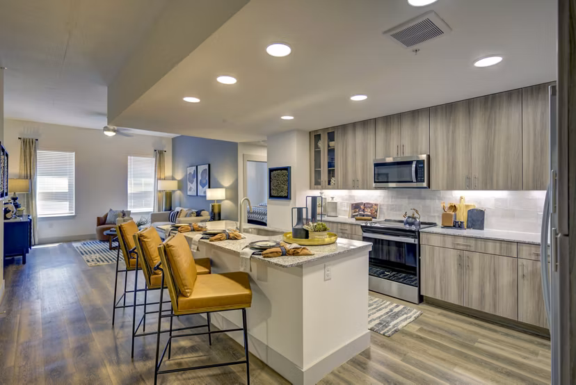 dining room at Alexan Rivercrest Apartments 