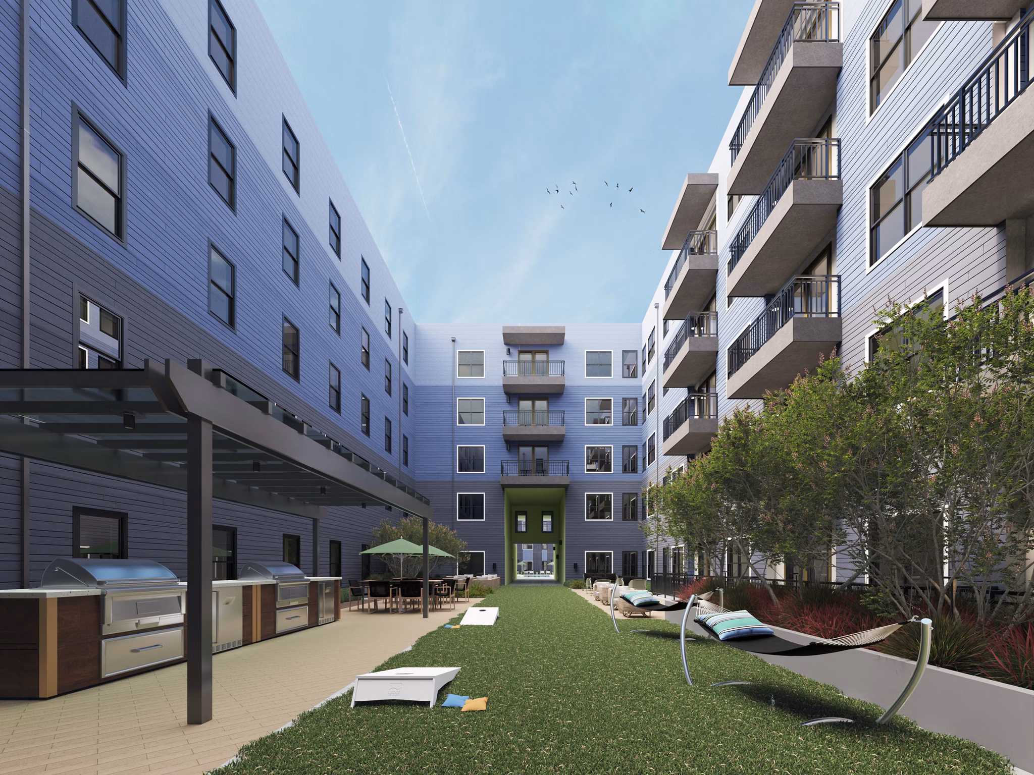 grill area at Alexan Rivercrest Apartments 