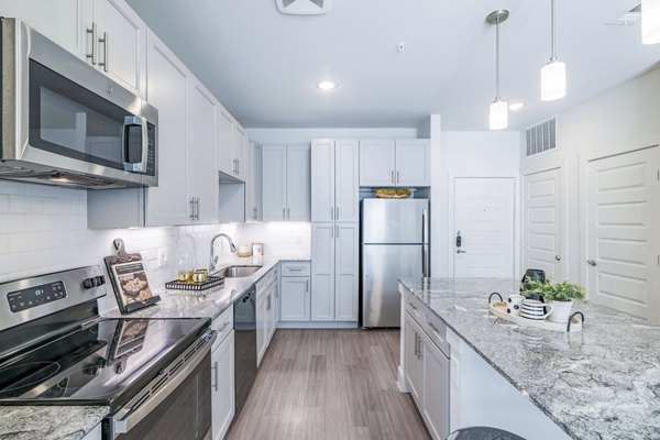Modern kitchen with stainless steel appliances and granite countertops at The District in Little Elm Apartments