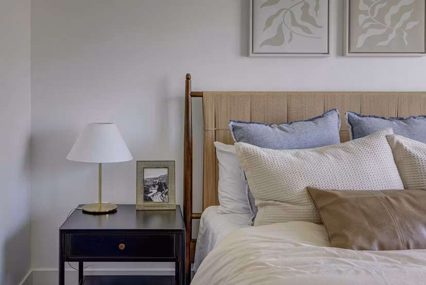 Organized bedroom closet with ample shelving at The Opal Apartments, luxury living spaces