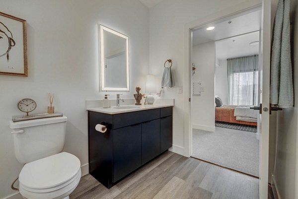 Elegant bathroom with modern fixtures at The Opal Apartments featuring marble finishes and ample lighting