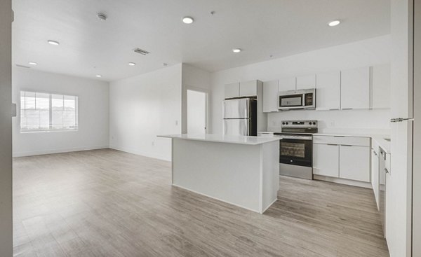 Modern kitchen with stainless steel appliances at The Opal Apartments