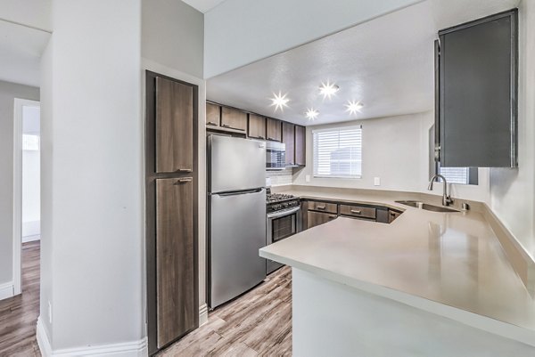 Modern kitchen with stainless steel appliances in Parkway Townhomes