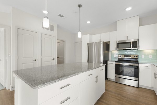 Lighthouse Pointe: Modern kitchen with sleek cabinetry and stainless steel appliances in luxury apartments