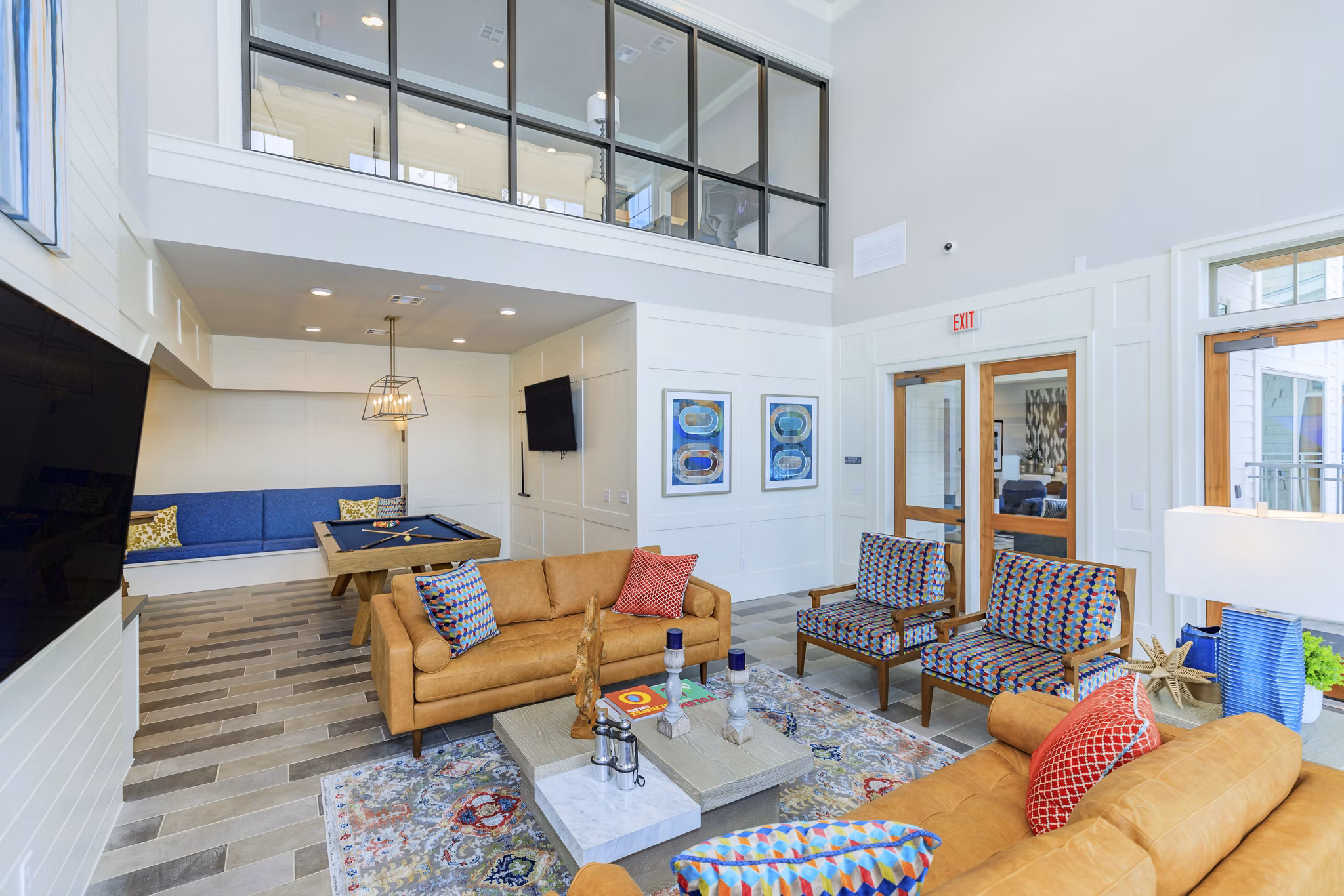 Chic lobby featuring modern seating and ambient lighting at Wyldewood Gosling Apartments