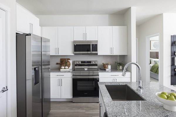 Modern kitchen featuring stainless steel appliances at Prose Thunder Rock Apartments