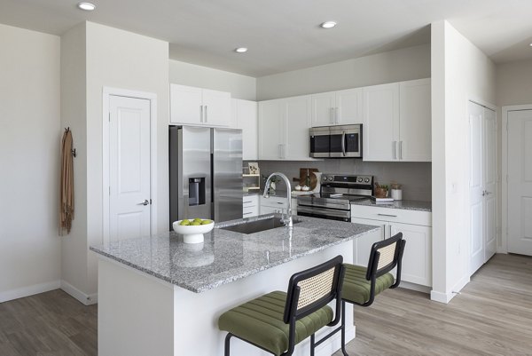 Modern kitchen featuring stainless steel appliances at Prose Thunder Rock Apartments