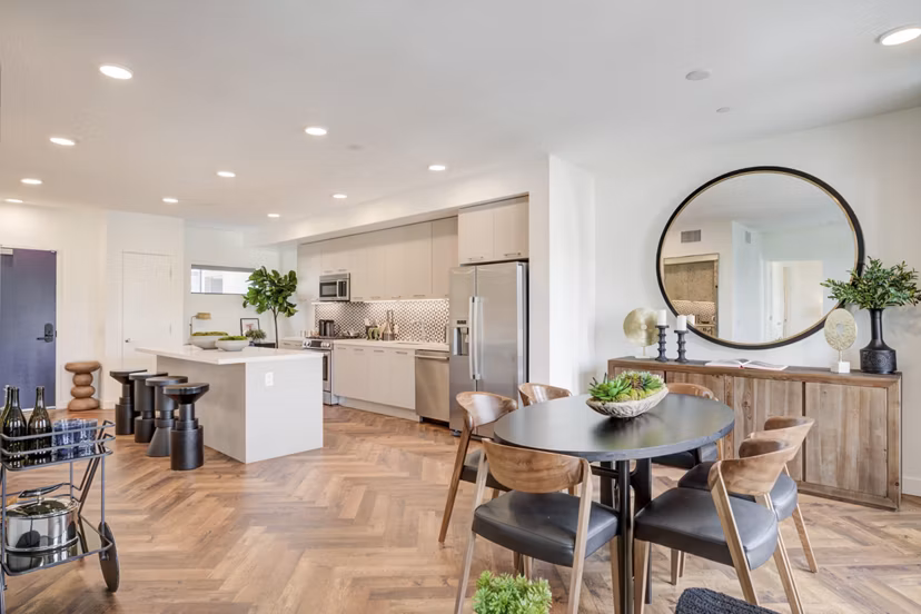 Dining area with chic decor at Fitz on Fairfax Apartments