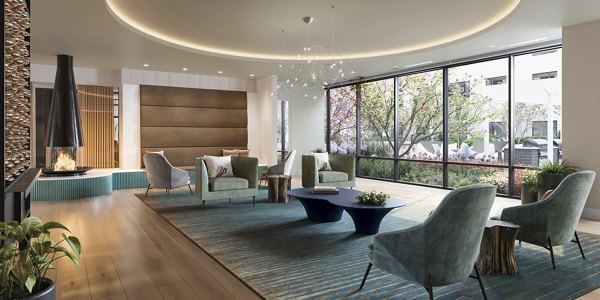 Clubhouse featuring modern design and lounge spaces at Maxwell Apartments in luxury setting