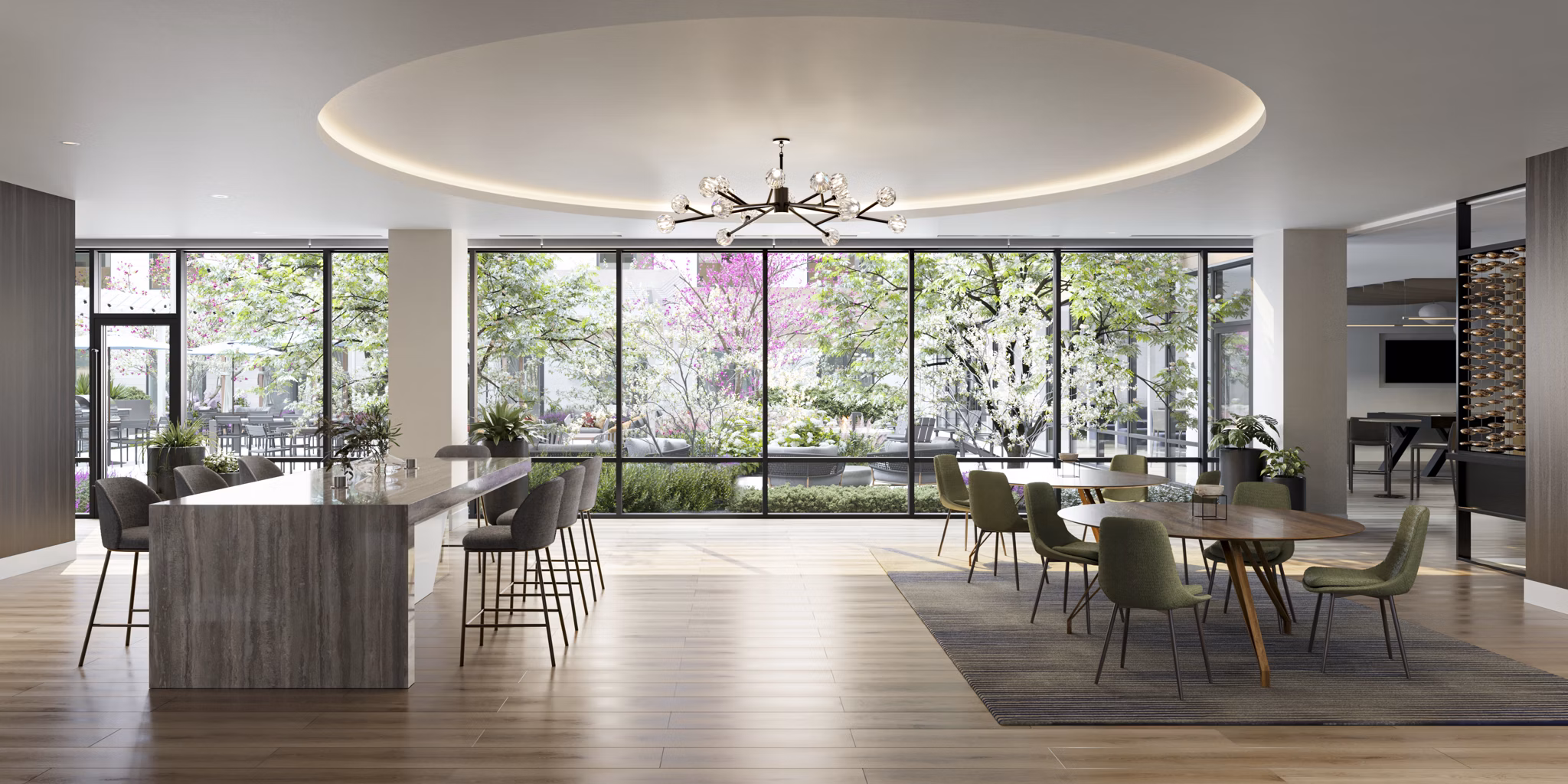 Modern clubhouse with stylish seating and game room at Maxwell Apartments, a luxury property offering community spaces for residents to relax and socialize
