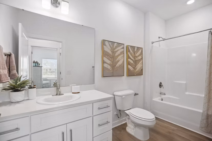 Modern bathroom featuring elegant fixtures at River Rock at Dallas Apartments