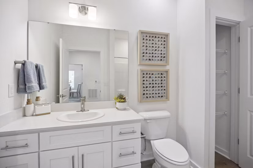 Modern bathroom with sleek fixtures at River Rock at Dallas Apartments