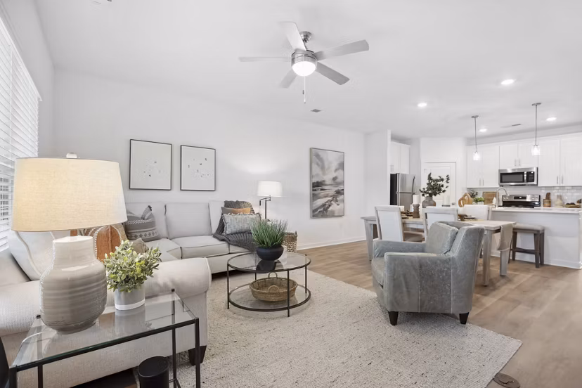 Spacious living room with modern decor at River Rock Apartments in Dallas