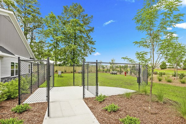 Dog-friendly park at River Rock at Shingletree Apartments, featuring spacious walking paths and play areas for pets