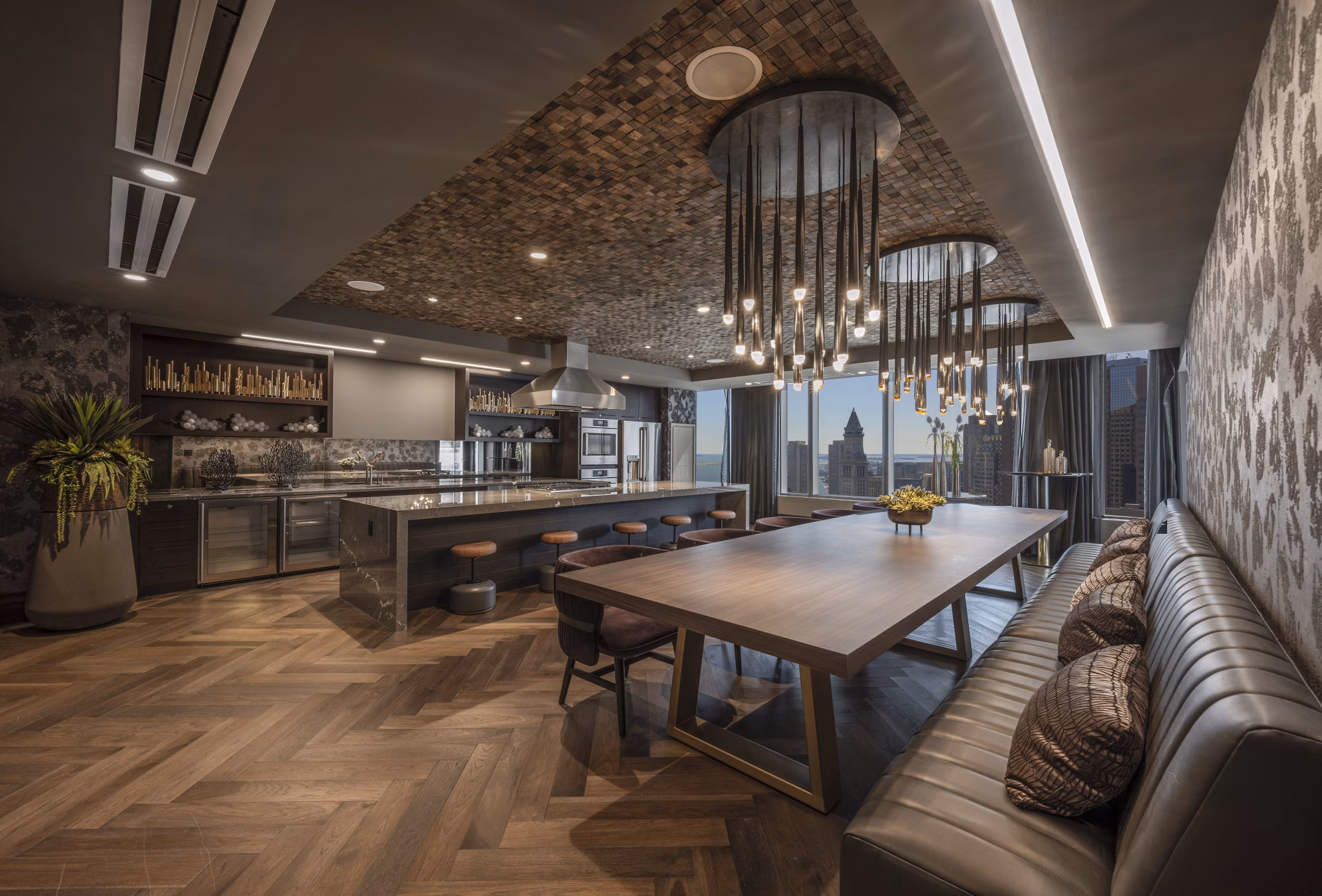 Clubhouse featuring modern design and seating in The Sudbury Apartments, luxury living by Greystar