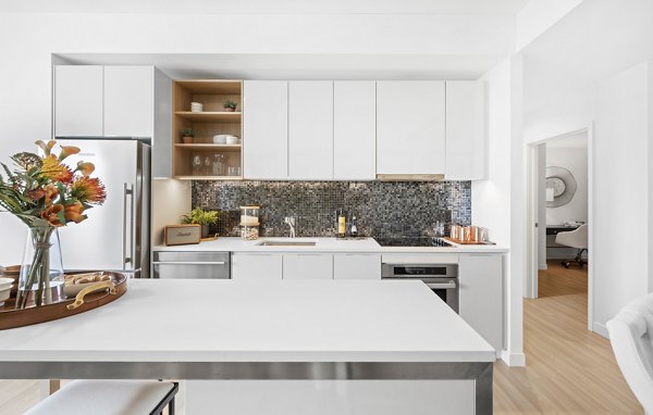 Modern kitchen with stainless steel appliances at The Sudbury Apartments