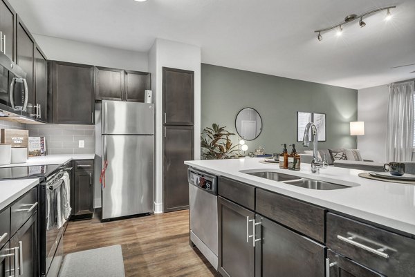 Modern kitchen with stainless steel appliances at Axis Kessler Park Apartments in Dallas luxury community
