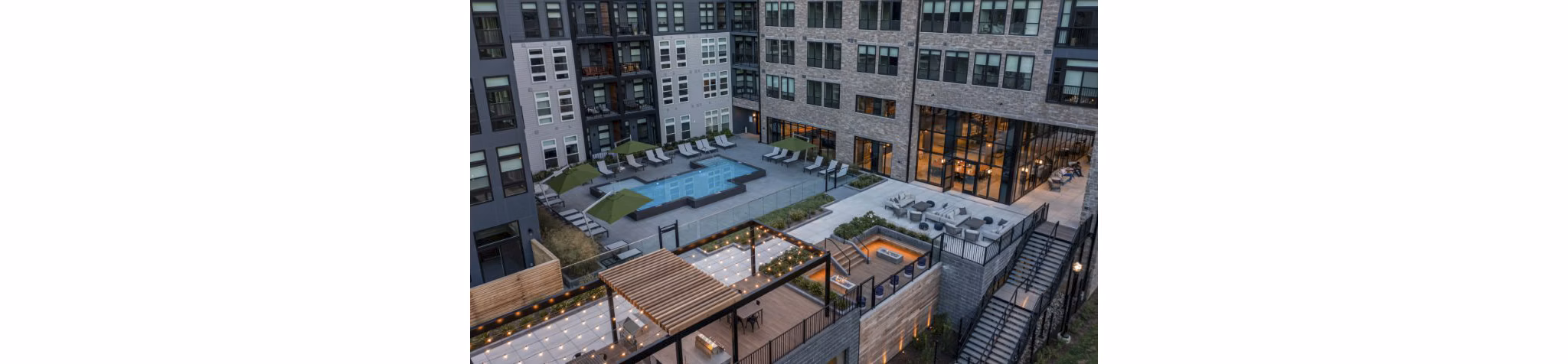 Riverside view at luxury high-rise Matson Mill Apartments in scenic setting
