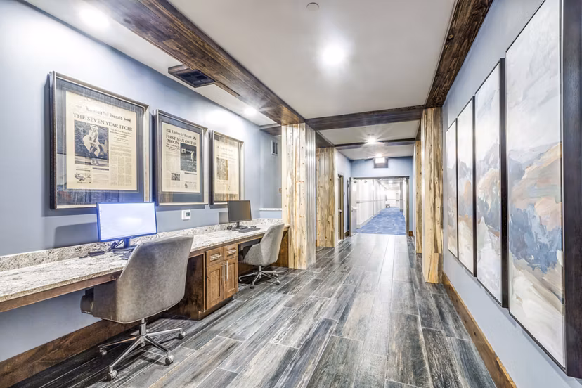 Business center with modern co-working spaces at Alders Cross Creek luxury apartments