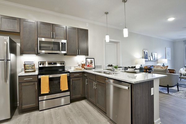 Modern kitchen with stainless steel appliances at The Aspens Verdae Apartments