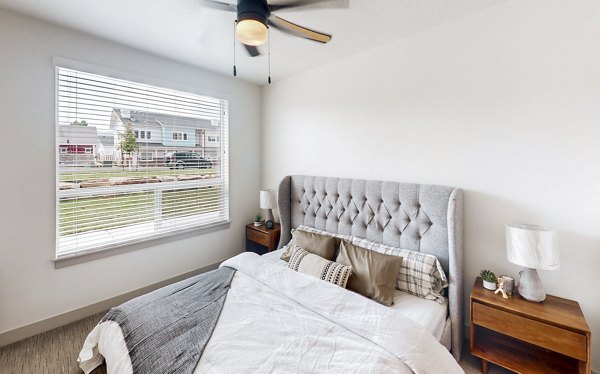 Cozy bedroom with contemporary decor at Sequoia Apartments, Turner Mill