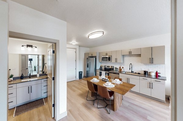 Modern kitchen with stainless steel appliances at Sequoia Apartments in Turner Mill