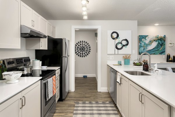 Modern kitchen featuring stainless steel appliances at Alaire Apartment Homes