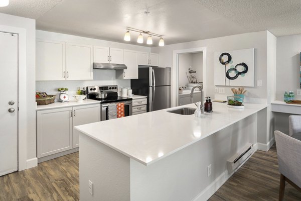 Modern kitchen with stainless steel appliances and sleek cabinetry at Alaire Apartment Homes Apartments