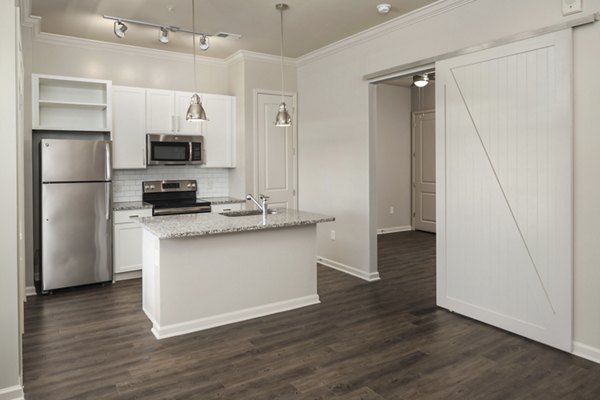 Modern kitchen featuring stainless steel appliances at Ardmore & 28th Apartments, luxury living by Greystar