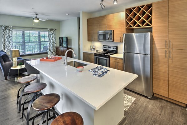 Modern kitchen featuring stainless steel appliances at Cedar Flats Apartments