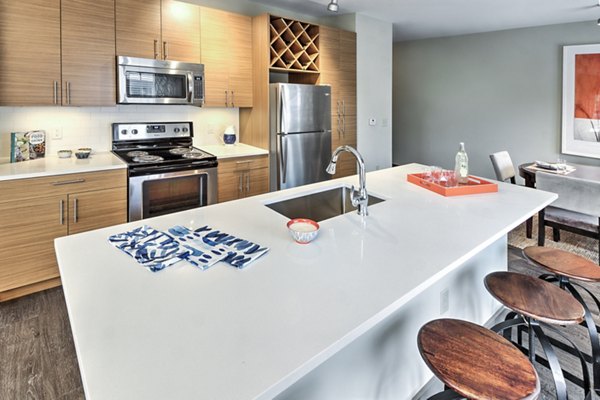 Modern kitchen with stainless steel appliances in Cedar Flats Apartments