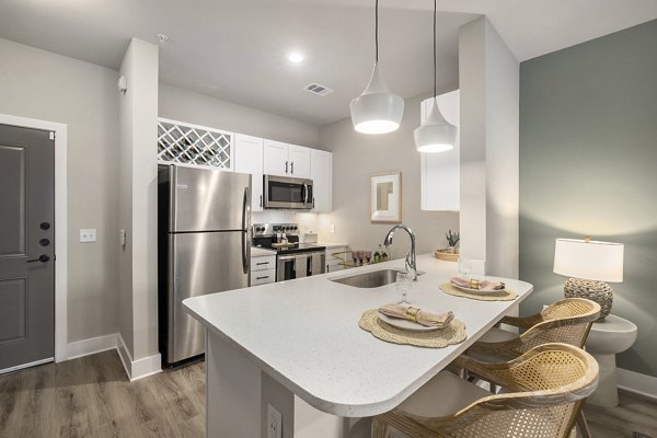 Modern kitchen with stainless steel appliances at Satori West Ashley Apartments, perfect for a luxurious living experience