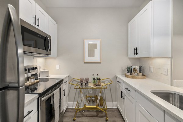 Kitchens at Satori West Ashley Apartments featuring modern stainless steel appliances and granite countertops