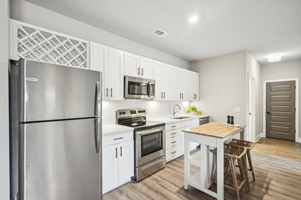 Spacious kitchen with sleek quartz countertops and modern appliances at Satori West Ashley Apartments