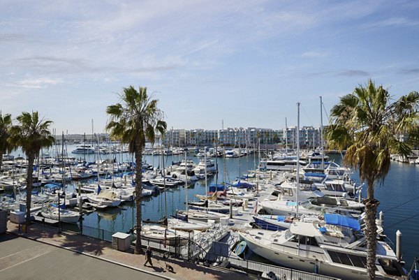 Spacious patio overlooking marina at Dolphin Marina Apartments