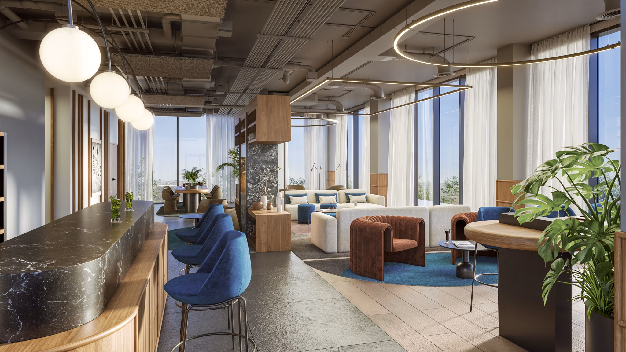 Luxurious lounge area with modern decor and ample natural light at Nera Living Atocha.