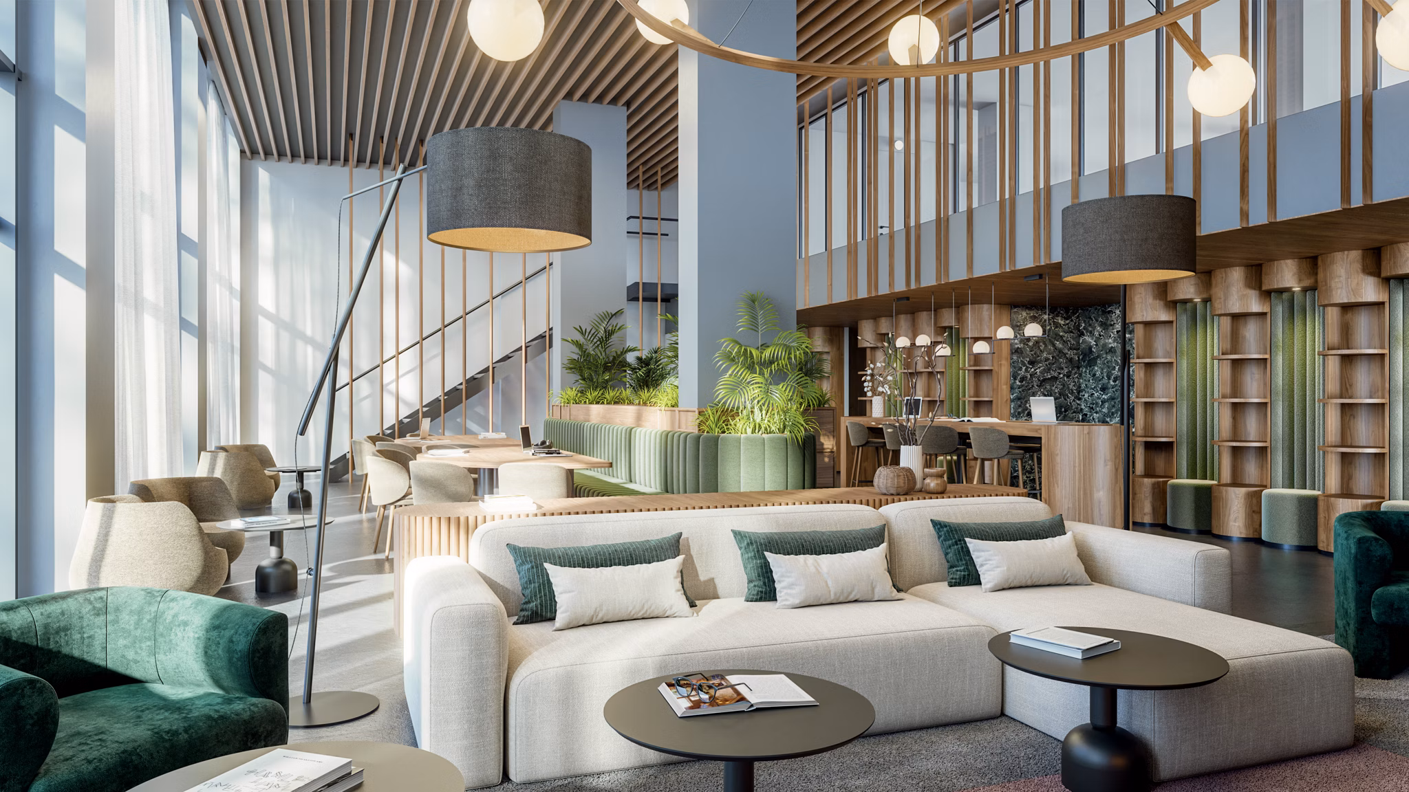 Bright communal space with elegant seating arrangements and large windows at Nera Living Atocha.