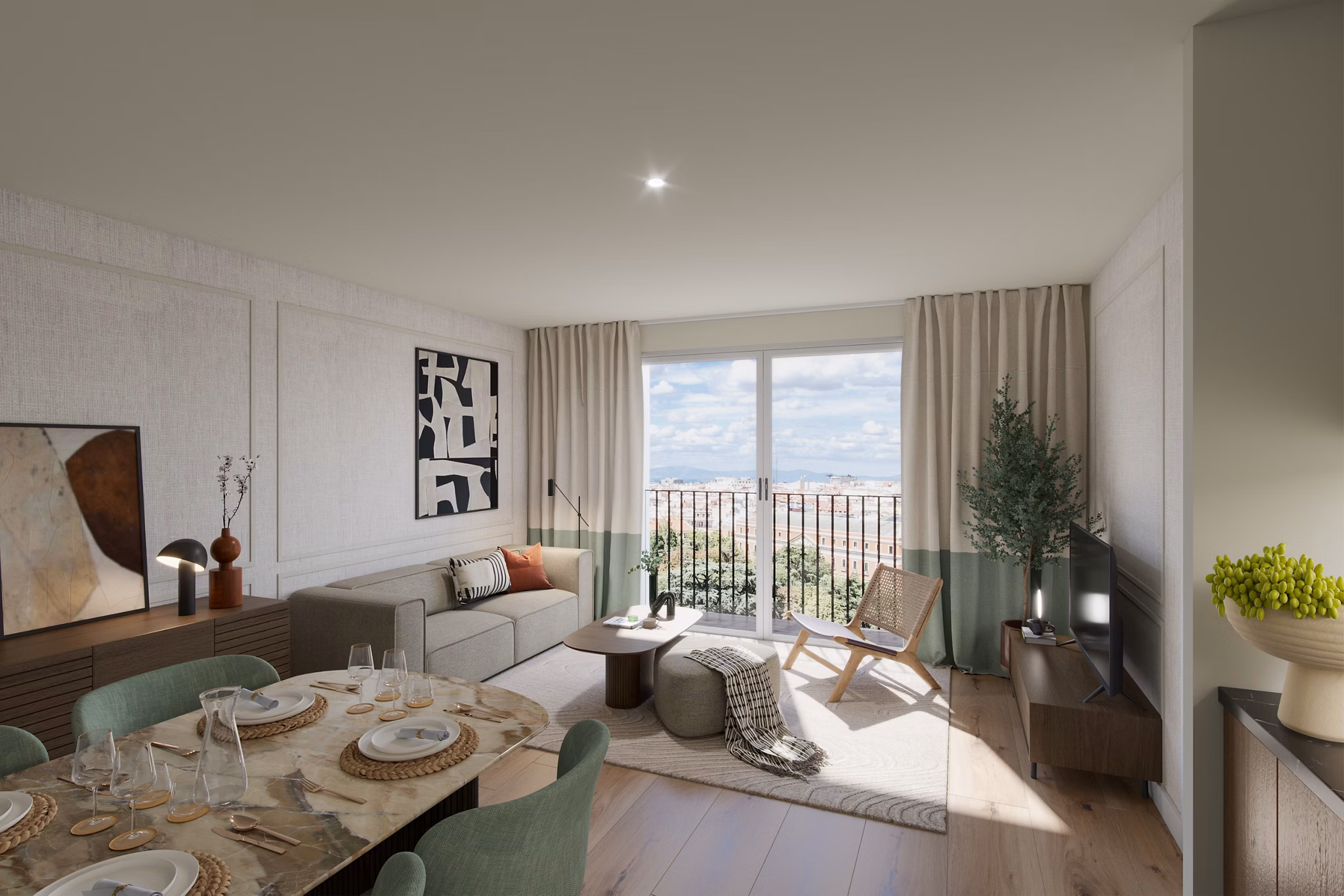 Bright and spacious living room with modern furnishings and large windows at Nera Living Atocha.